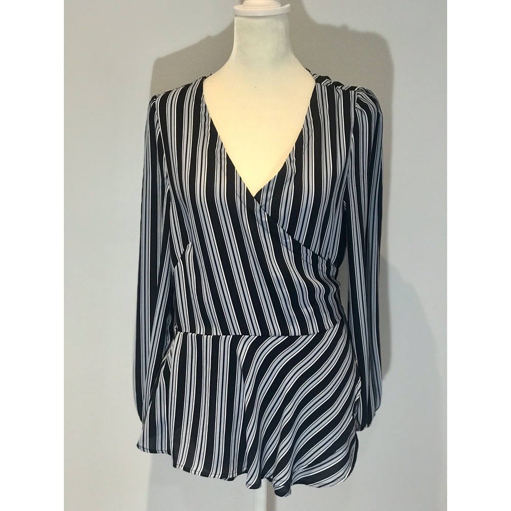 Ann Taylor LOFT Stretch wrap v neck blouse Blue Striped Long Sleeve Career Shirt
